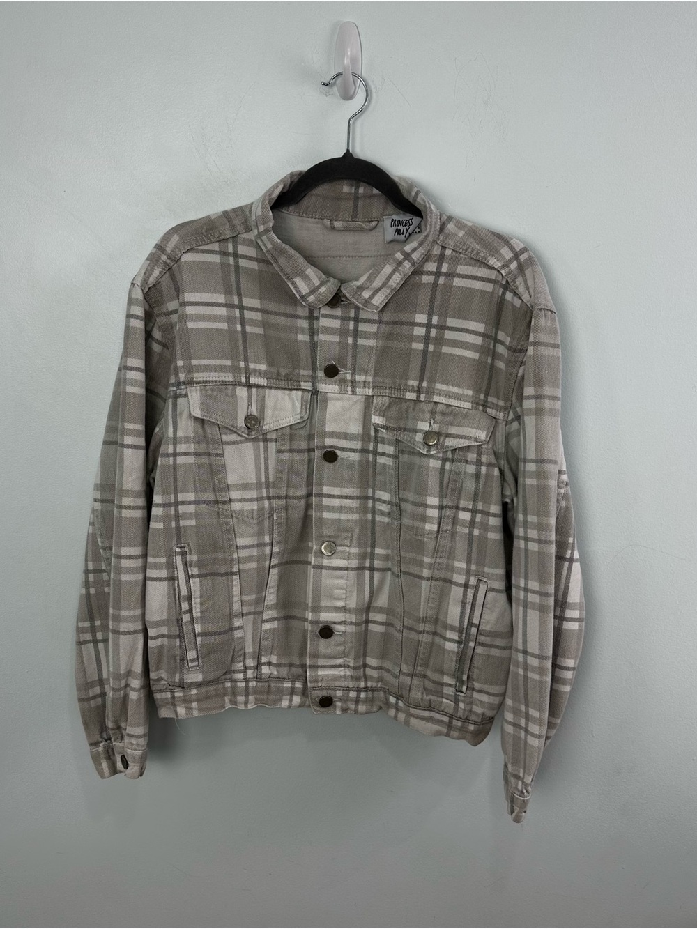 Princess Polly size 4 Gray, Cream, White Plaid Cotton Bespoke Jean Style Jacket